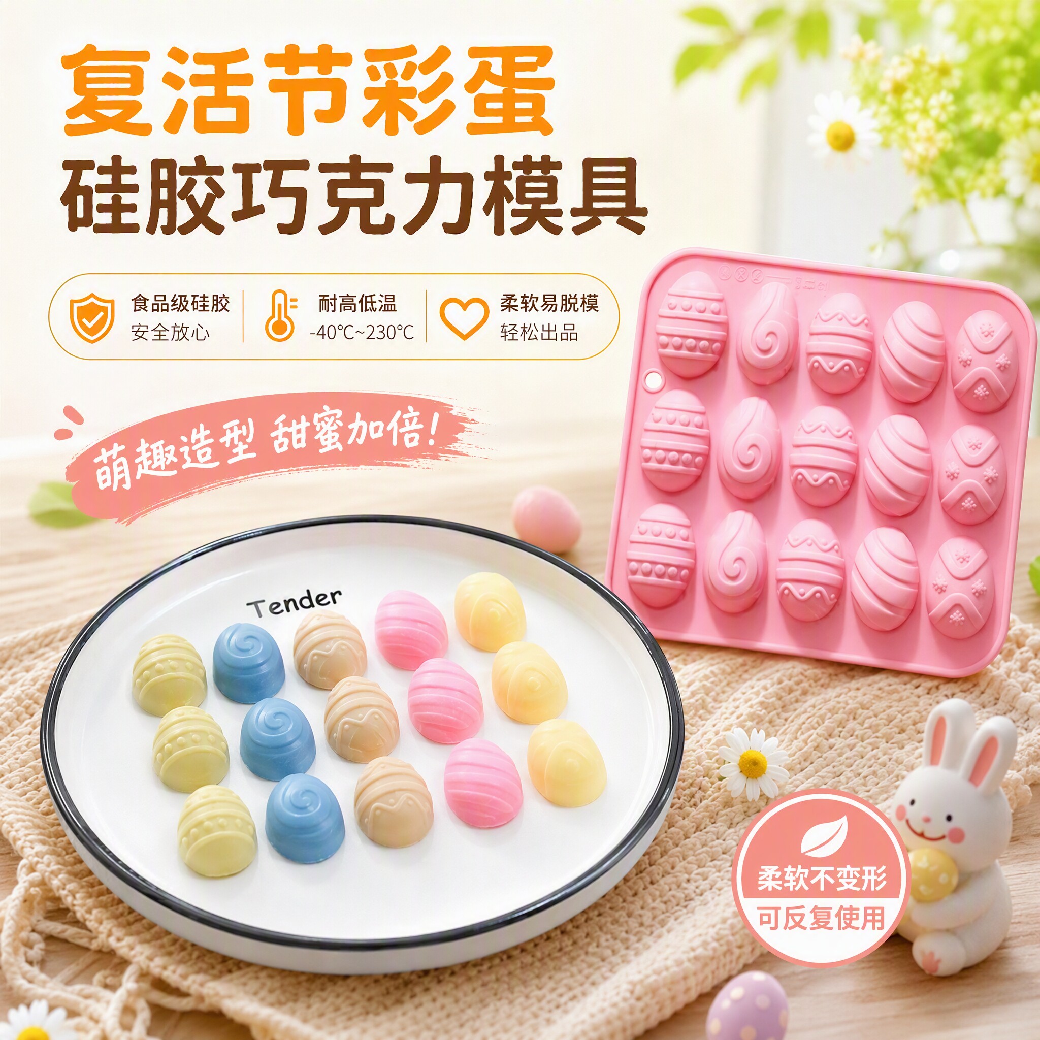 15连5种复活节彩蛋食品级硅胶模具耐高温烘焙工具蛋糕DIY巧克力模