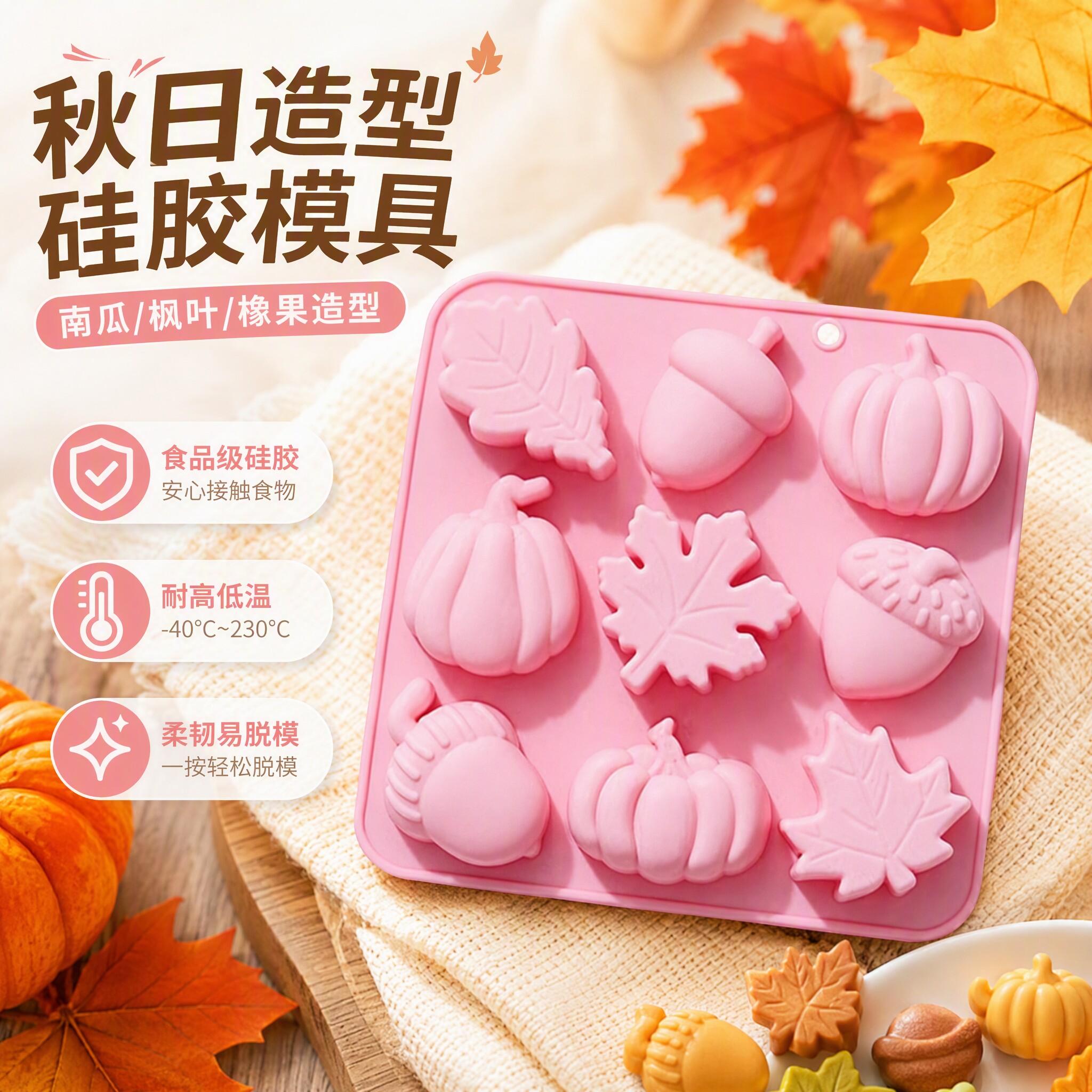 南瓜枫叶橡木果造型硅胶蛋糕模钵仔糕烘焙模具果冻巧克力模耐高温