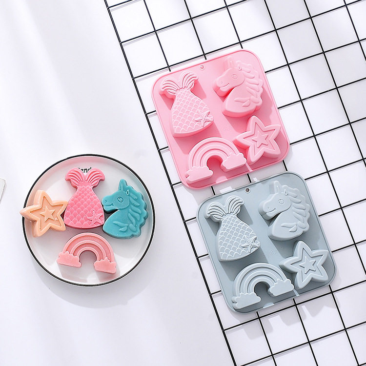 新品 4连独角兽美人鱼尾五角星彩虹造型硅胶模具蛋糕烤盘手工皂模