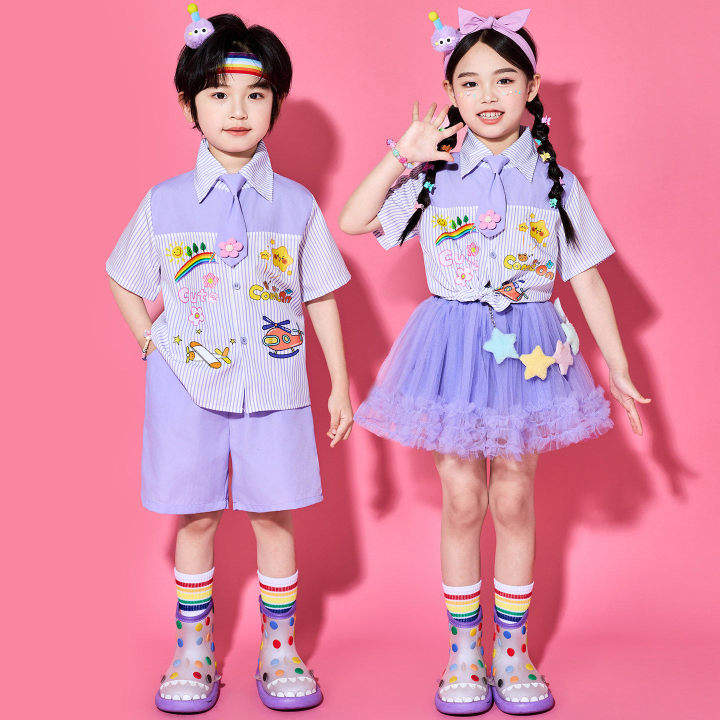 六一儿童表演服装幼儿园卡通飞机紫色蓬蓬裙舞蹈服男童女童演出服
