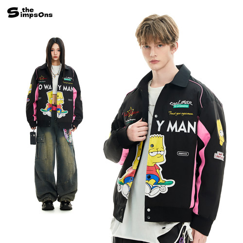 THE SIMPSONS 辛普森一家机车风刺绣赛车工装夹克羽绒服男女同款