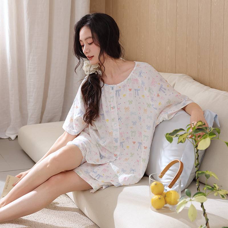 官方正品睡衣女士夏季纯棉短袖短裤家居服夏天薄款全棉时尚休闲可