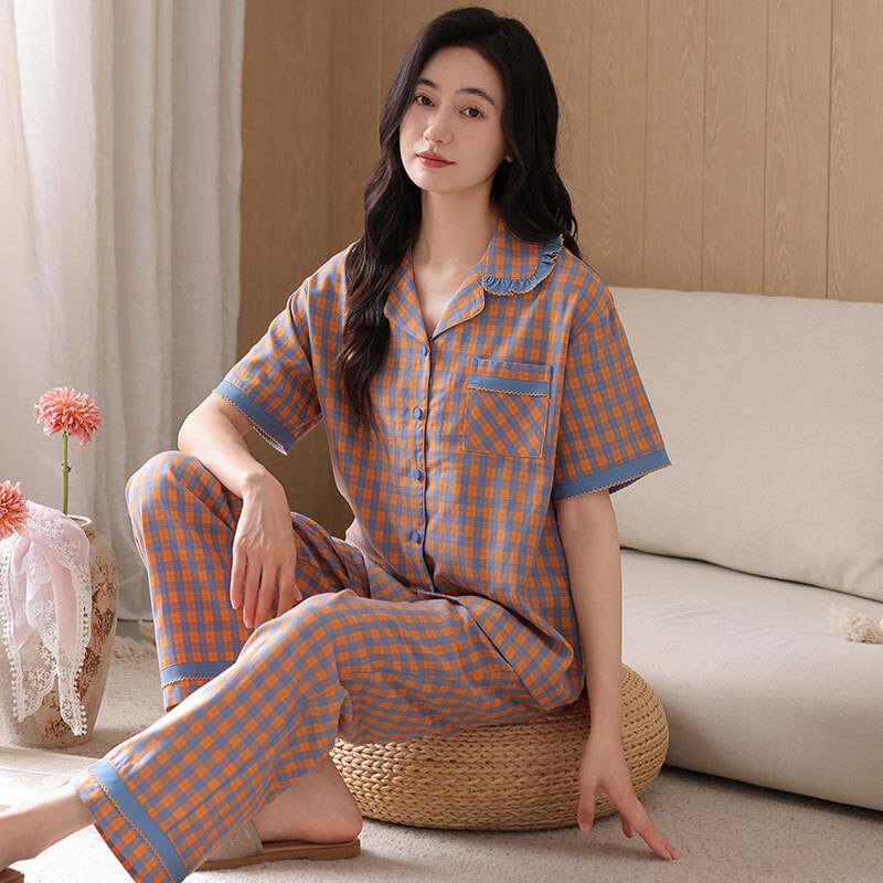 官方正品梭织棉纱布睡衣女夏季纯棉短袖长裤薄款休闲中年妈妈可外