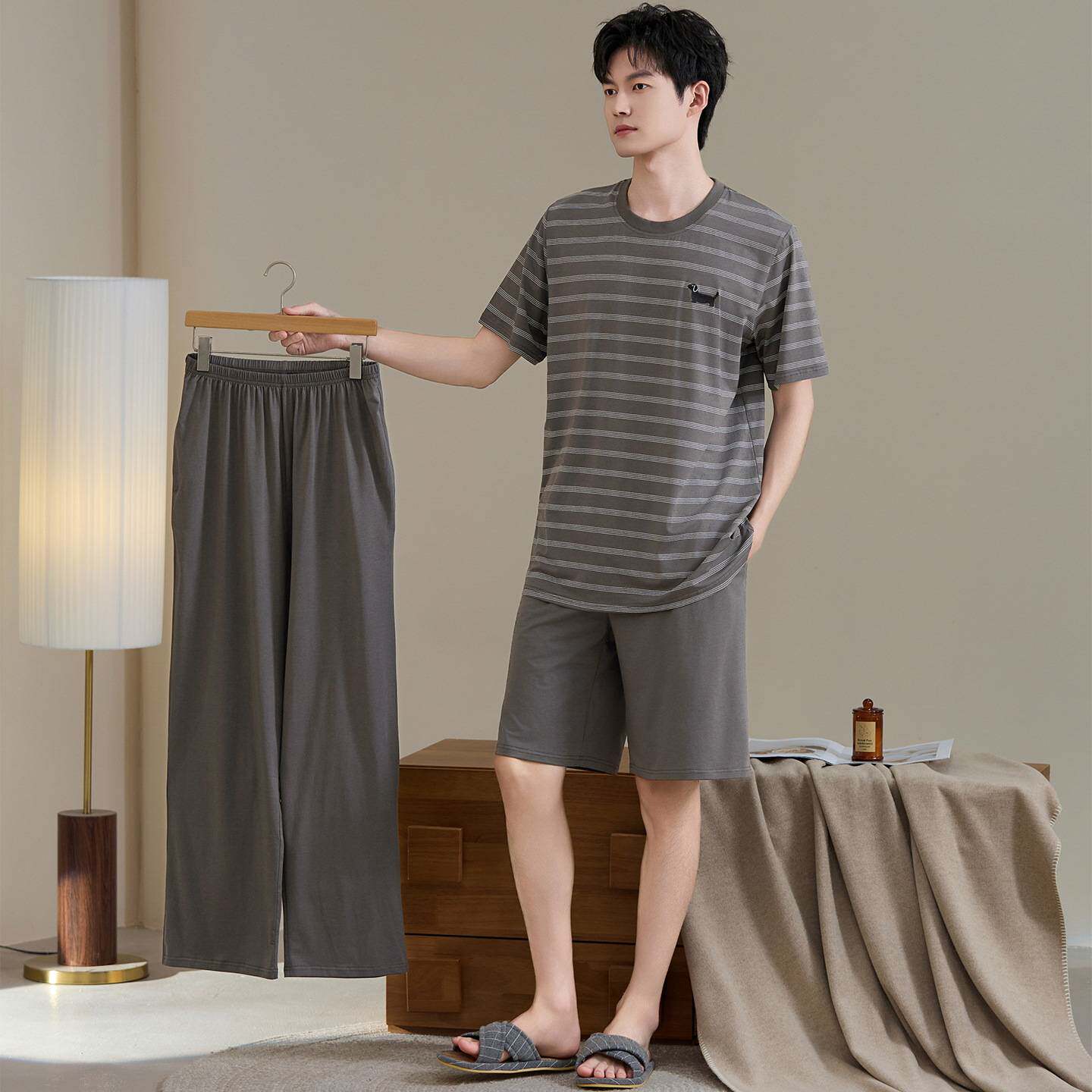 官方正品7A抗菌大码莫代尔棉睡衣男三件套夏季薄款短袖长裤圆领凉