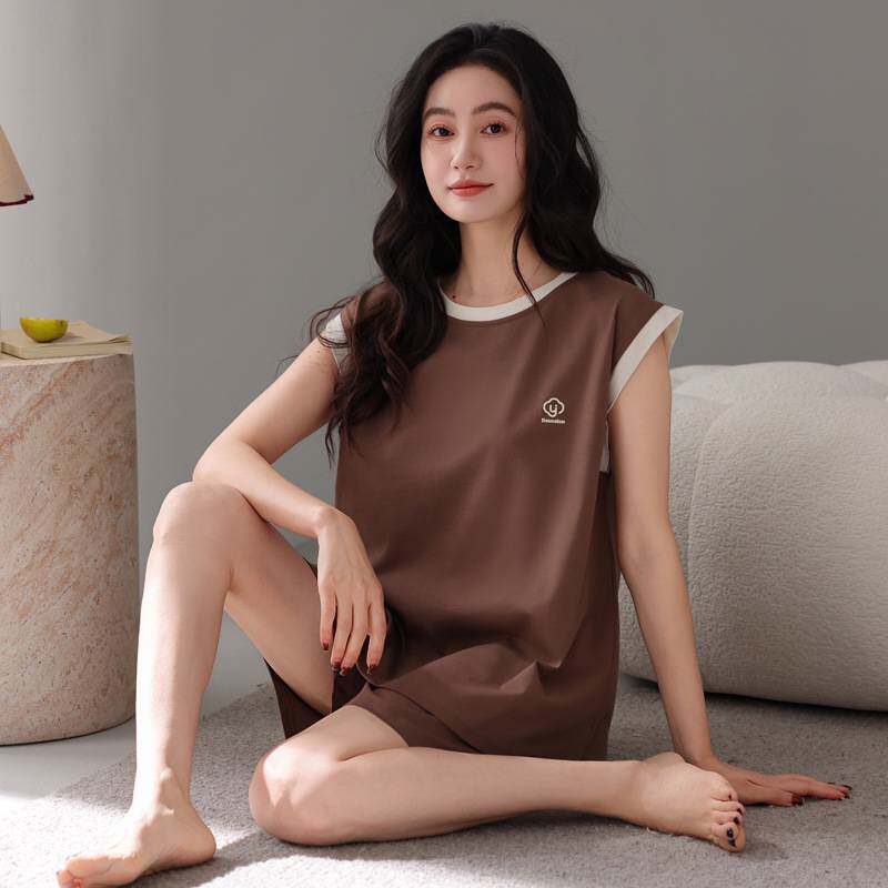 官方正品带胸垫睡衣女夏季莫代尔无袖背心短裤薄款夏天冰丝凉感休