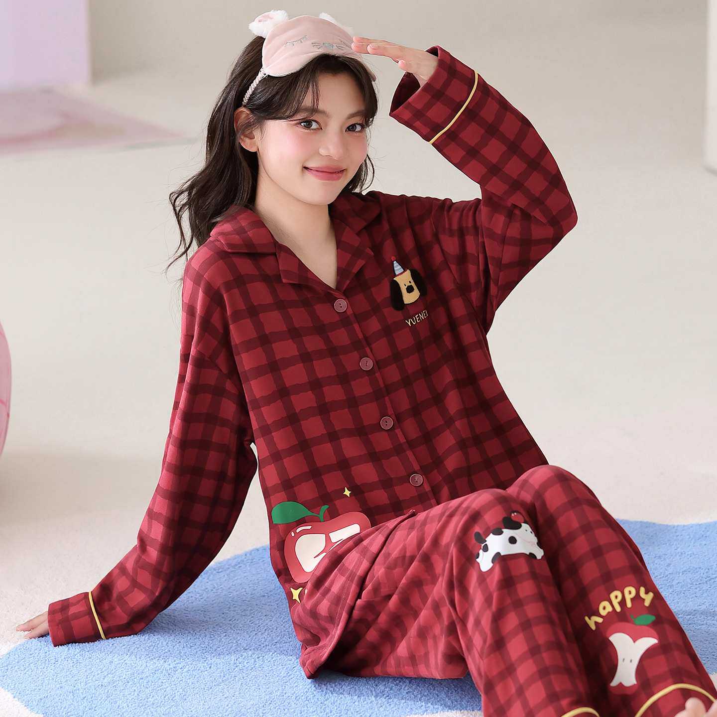 官方正品100%纯棉睡衣女春秋季长袖可爱甜美格子女款家居服红色本