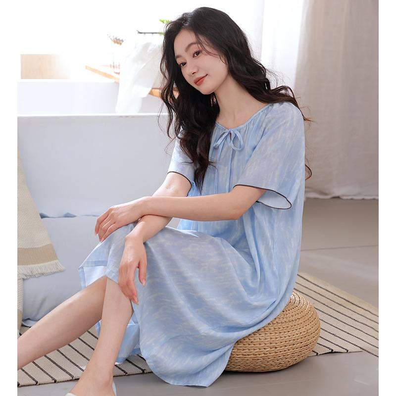 官方正品莱赛尔睡裙女士夏季薄款短袖连衣裙中年妈妈宽松大码可外