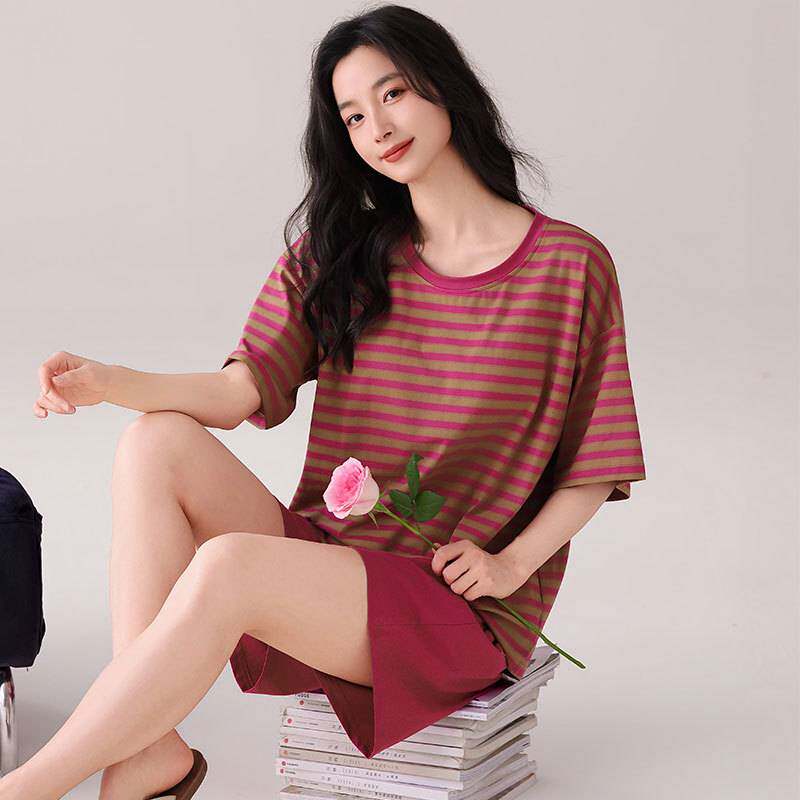 官方正品带胸垫睡衣女款夏季纯棉短袖短裤家居服夏天薄款时尚条纹
