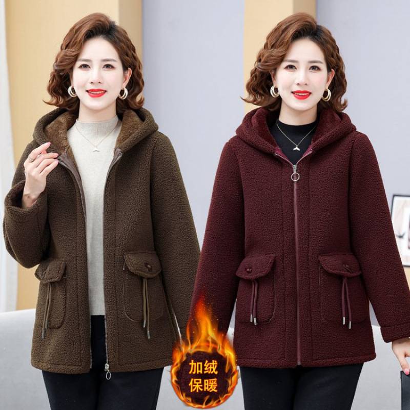 官网正品中老年妈妈冬装暖和新款洋气时尚加绒加厚保暖连帽颗粒绒