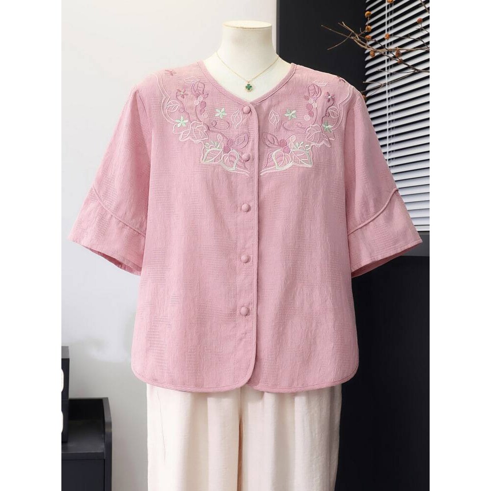 官方正品中年妈妈夏装国风印花衬衫洋气中老年女时尚套装宽松小衫