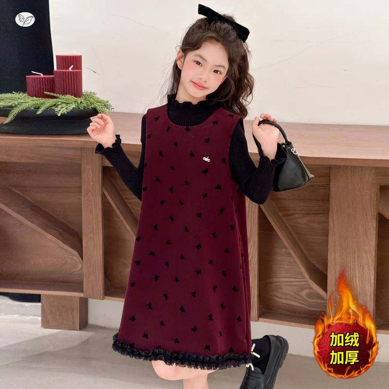 官网正品女童秋冬加绒背心裙2205年新款中大童蕾丝花边连衣裙打底