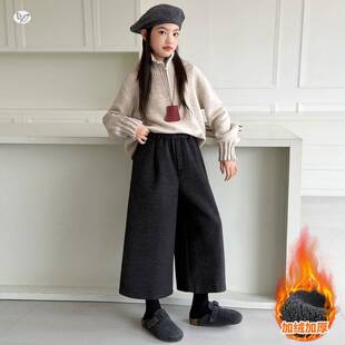 官网正品女童加绒毛呢阔腿裤2025年秋冬新款韩系直筒九分裤中大童