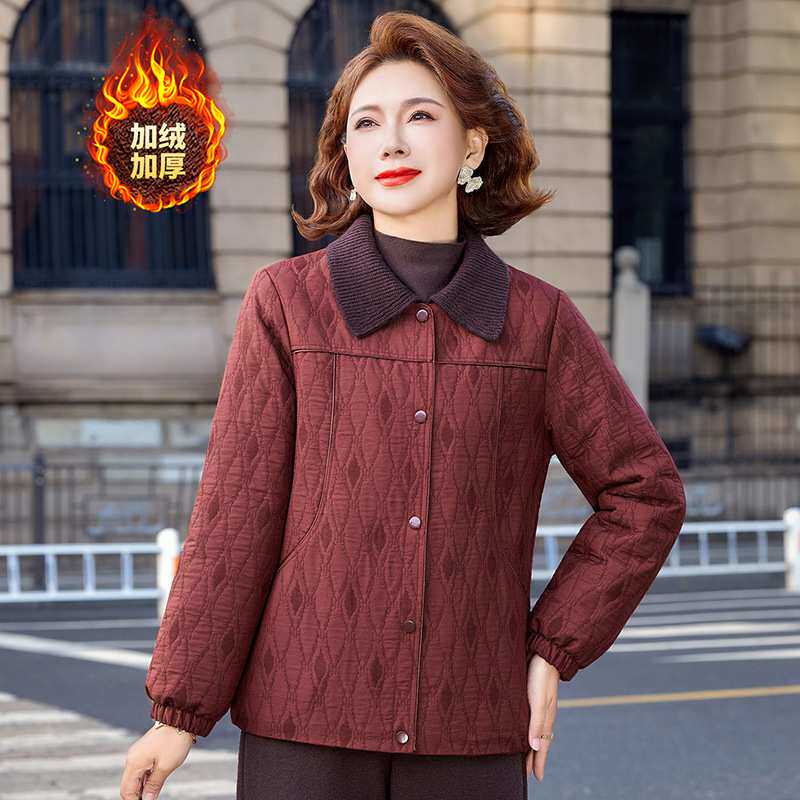 官方正品中年妈妈加绒外套上衣女2026秋冬新款中年女装翻领夹克加