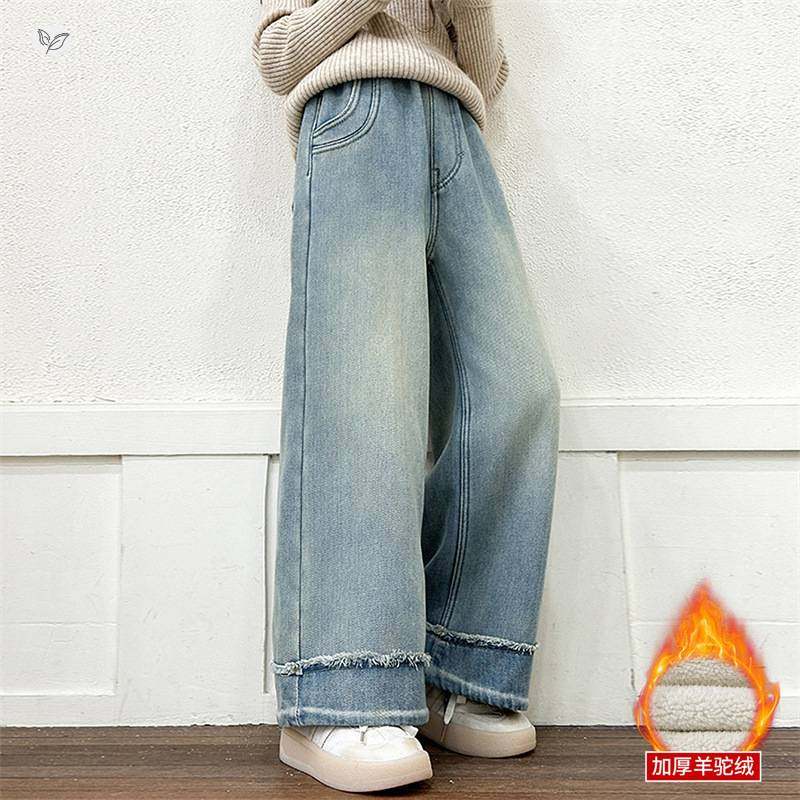 官网正品女童加绒牛仔裤2025年秋冬新款中大童毛边阔腿裤浅蓝色直