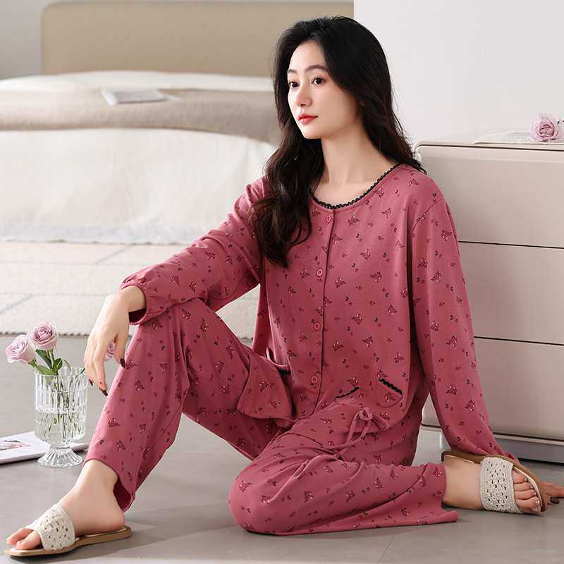 官方正品100%纯棉中老年人睡衣女秋季长袖开衫春秋款妈妈家居服休