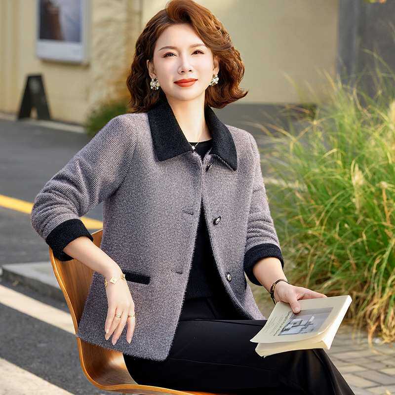 官方正品优雅中老年女士毛呢外套秋季新款大码显瘦百搭翻领短款夹