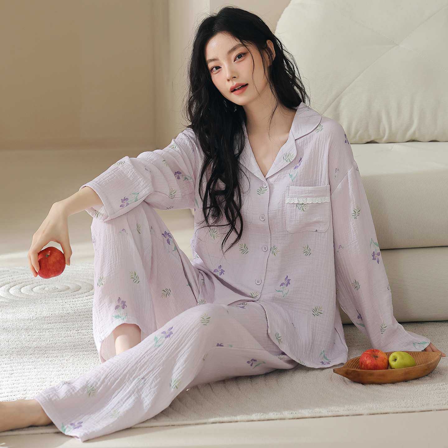 官方正品双层纱布纯棉睡衣女春秋薄款长袖开衫新款女款透气外穿全