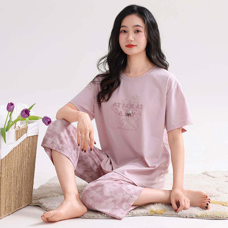 官方正品带胸垫睡衣女款夏季凉感纯棉短袖七分裤宽松大码可外穿家