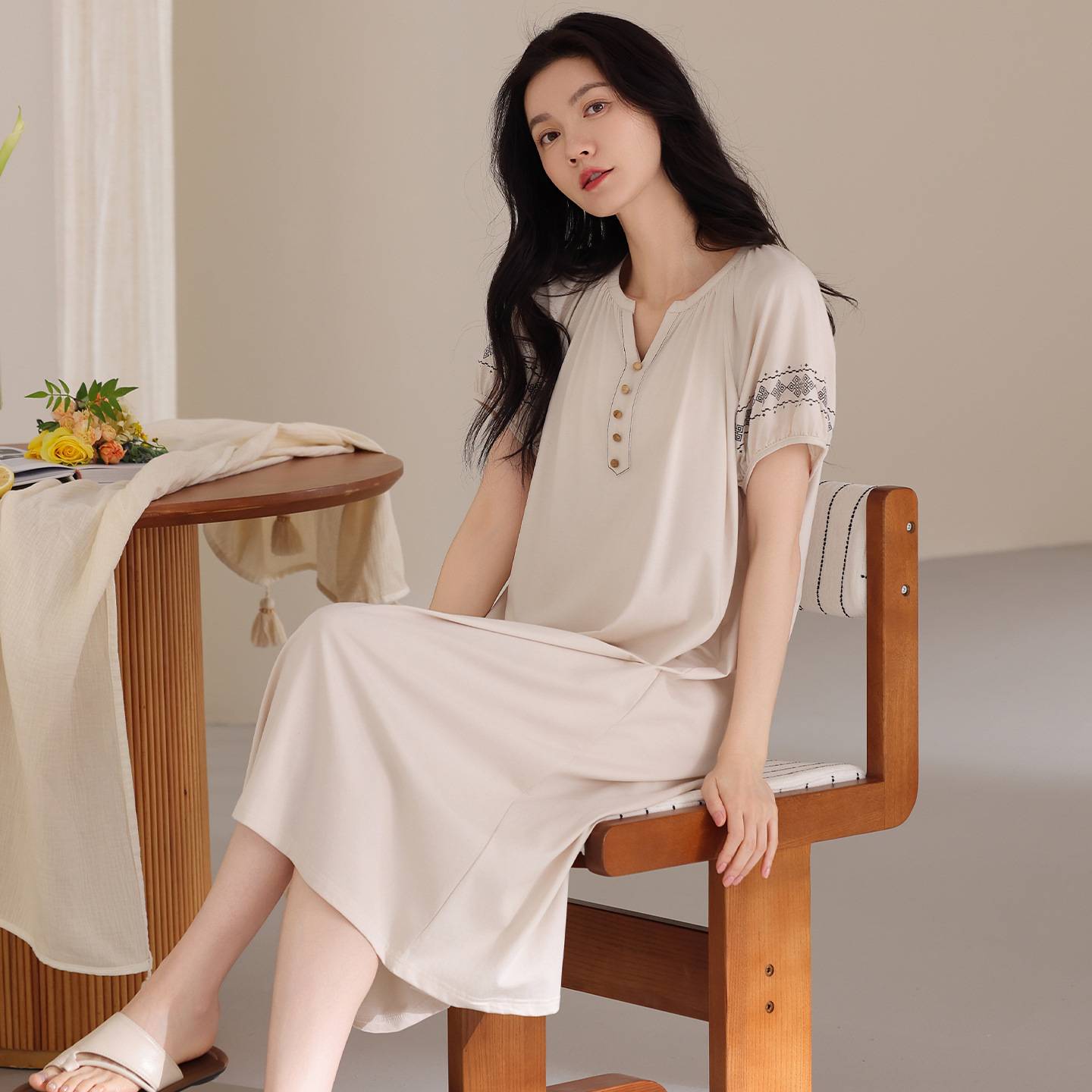 官方正品带胸垫睡衣女夏季纯棉短袖睡衣裙薄款宽松休闲连衣裙防凹