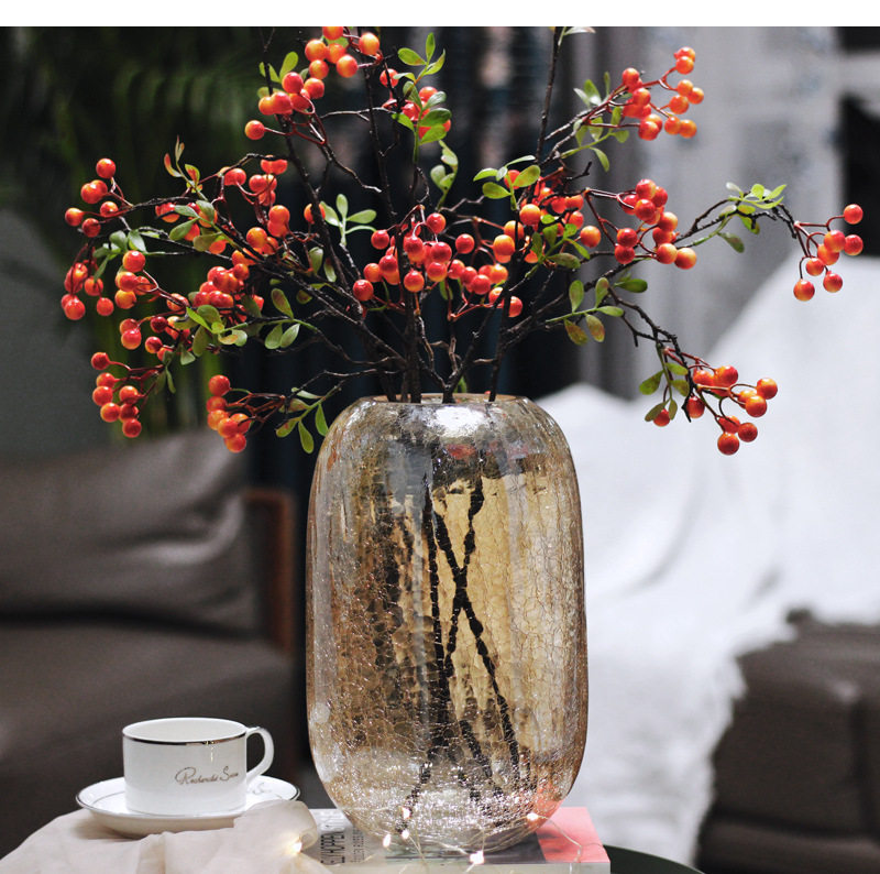 电镀彩色裂纹冰花玻璃花瓶琉光透明花器美式家居装饰插花摆件