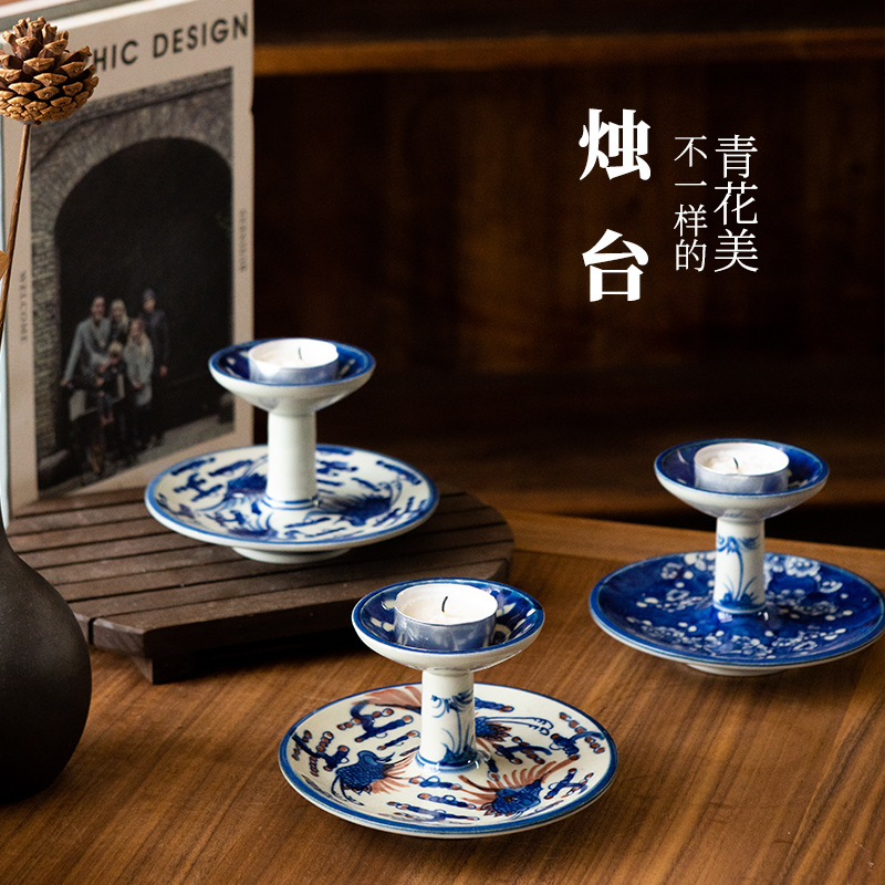 景德镇仿古瓷器手绘冰梅陶瓷高足纹油灯佛堂供奉陶瓷烛台仿老