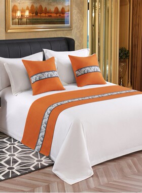 宾馆酒店床上用品纯色床尾巾简约床尾垫民宿布草床盖橙色床旗