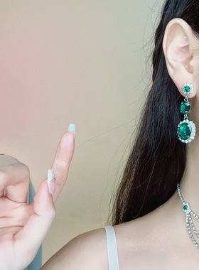 银针镶钻多层项链耳环套装欧美复古风祖母绿锆石高级感气质饰品女