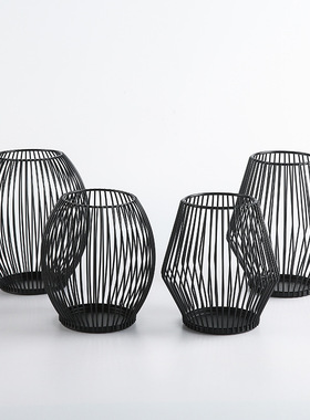 amz新品黑色灯笼烛台金属复古铁艺烛台镂空工艺蜡烛台家装饰摆件