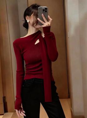 法式镂空飘带针织衫女红色毛衣2026秋冬本命新年圣诞上衣打底内搭