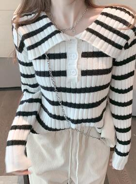 2025秋冬季娃娃领条纹短款针织衫ins潮女外穿洋气毛衣风百搭上衣