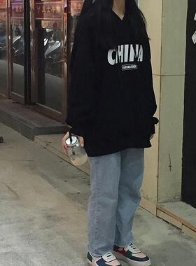 ins超火卫衣女秋冬新品韩版连帽加厚黑色外套潮学生宽松慵懒上衣