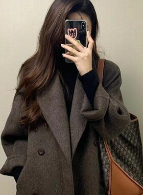 2025新款秋冬韩系西装毛呢子外套中长款美拉德单面羊绒大衣女