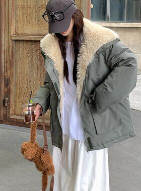 棉衣女款2025新款冬季加厚短款羊羔毛派克服韩系慵懒风棉袄外套女