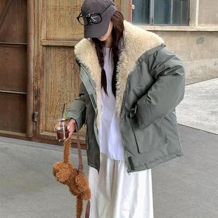 棉衣女款2025新款冬季加厚短款羊羔毛派克服韩系慵懒风棉袄外套女