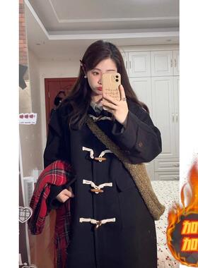 黑色牛角扣呢子大衣女秋冬季2025新款赫本风韩系气质毛呢外套加厚