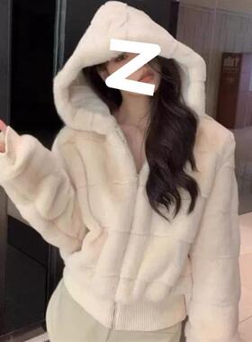 水貂毛皮草女短款2025冬季新款连帽加厚小个子毛毛绒外套大衣氨纶