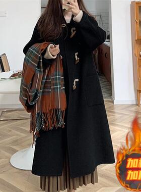黑色牛角扣毛呢大衣女小个子2025秋冬季新款赫本风中长款呢子外套
