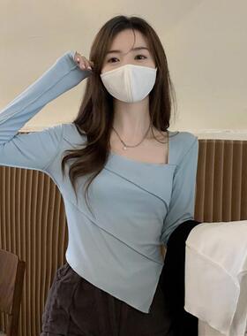 不规则方领长袖T恤秋季韩版2025新款辣妹设计感显瘦打底上衣女装