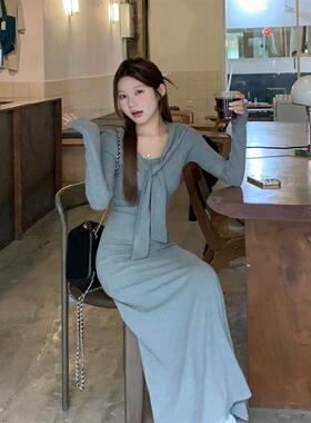 假两件系带披肩长袖舒肤连衣裙女春秋收腰显瘦内搭打底包臀长裙子