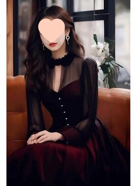 秋冬新款浪漫复古穿搭宴会长裙高级感气质女神范红色丝绒连衣裙女