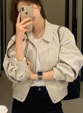 韩国chic秋季简约气质翻领薄款宽松休闲百搭小个子长袖夹克外套女