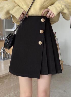 黑色毛呢半身裙女秋冬季2025新款呢子高腰百褶裙显瘦a字包臀短裙