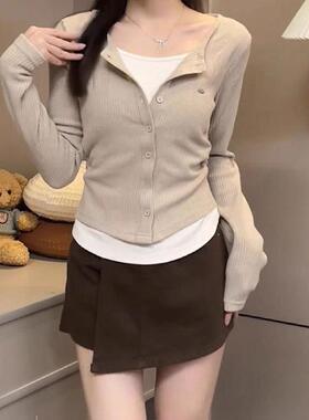 韩系氛围感复古假两件长袖T恤女装新款春秋季收腰内搭显瘦上衣