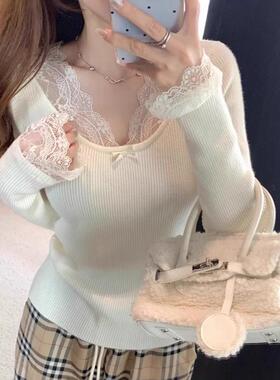 甜辣白色蕾丝V领毛衣女2025秋冬高级小香风内搭针织打底长袖上衣