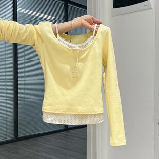 奶黄色假两件碎花长袖T恤女2025春款温柔甜美内搭小个子绝美上衣