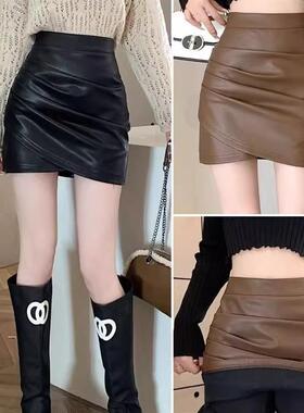 小皮短裙半身裙女春秋冬季2025年新款高腰a字黑色不规则包臀裙子