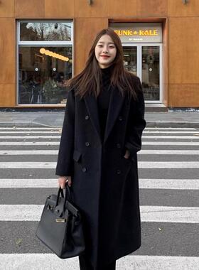 黑色毛呢外套女小个子韩系新款秋冬高级感中长款加厚西装呢子大衣