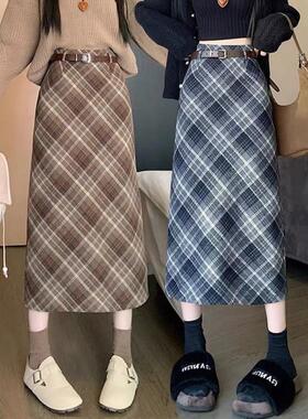 格子复古毛呢半身裙秋冬新款开叉高腰字裙中长款长裙