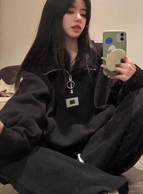 感慵懒风运动套装女冬季潮牌韩版宽松学生加厚卫衣休闲两件套