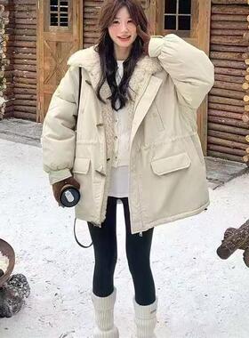 韩版宽松中戏牛角扣加绒加厚派克服女冬新款小个子工装棉衣短外套